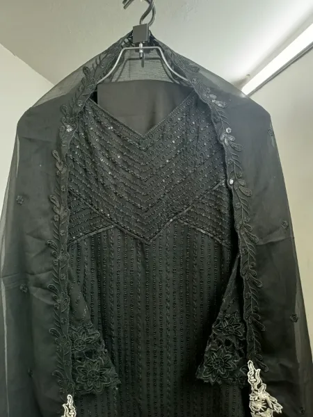 Pakistani Orginal Rangoon Chiffon Stitched 3 Pcs _ Black 